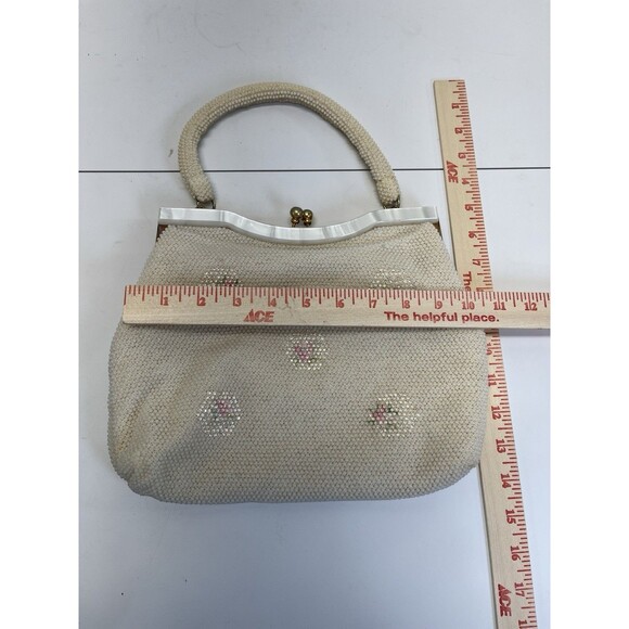 Vintage White Beaded Seed Pearl Pink Floral Purse Kiss Lock &‎ Lucite Trim Top - Picture 11 of 13